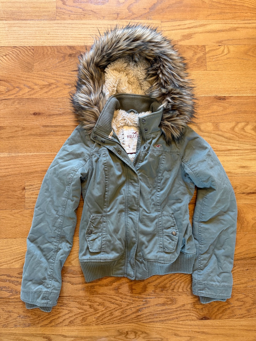 Y2K Hollister Women's Green Hooded Jacket with Faux-Fur Trim sz Large